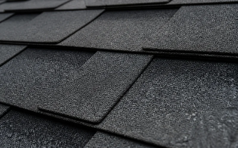 Close-up of charcoal architectural asphalt shingles showing granule texture and dimensional shadow lines.